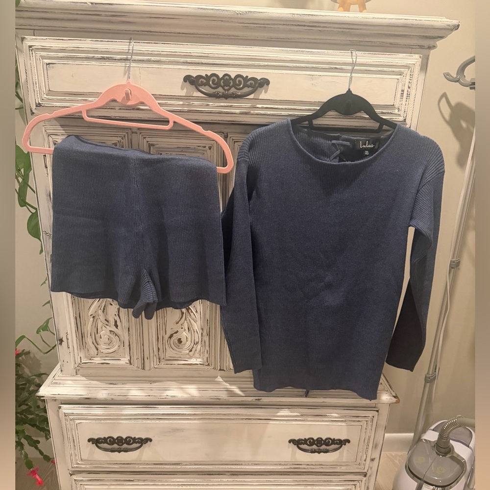 Lulu's Navy Blue Ribbed Knit Two-Piece Short  Set